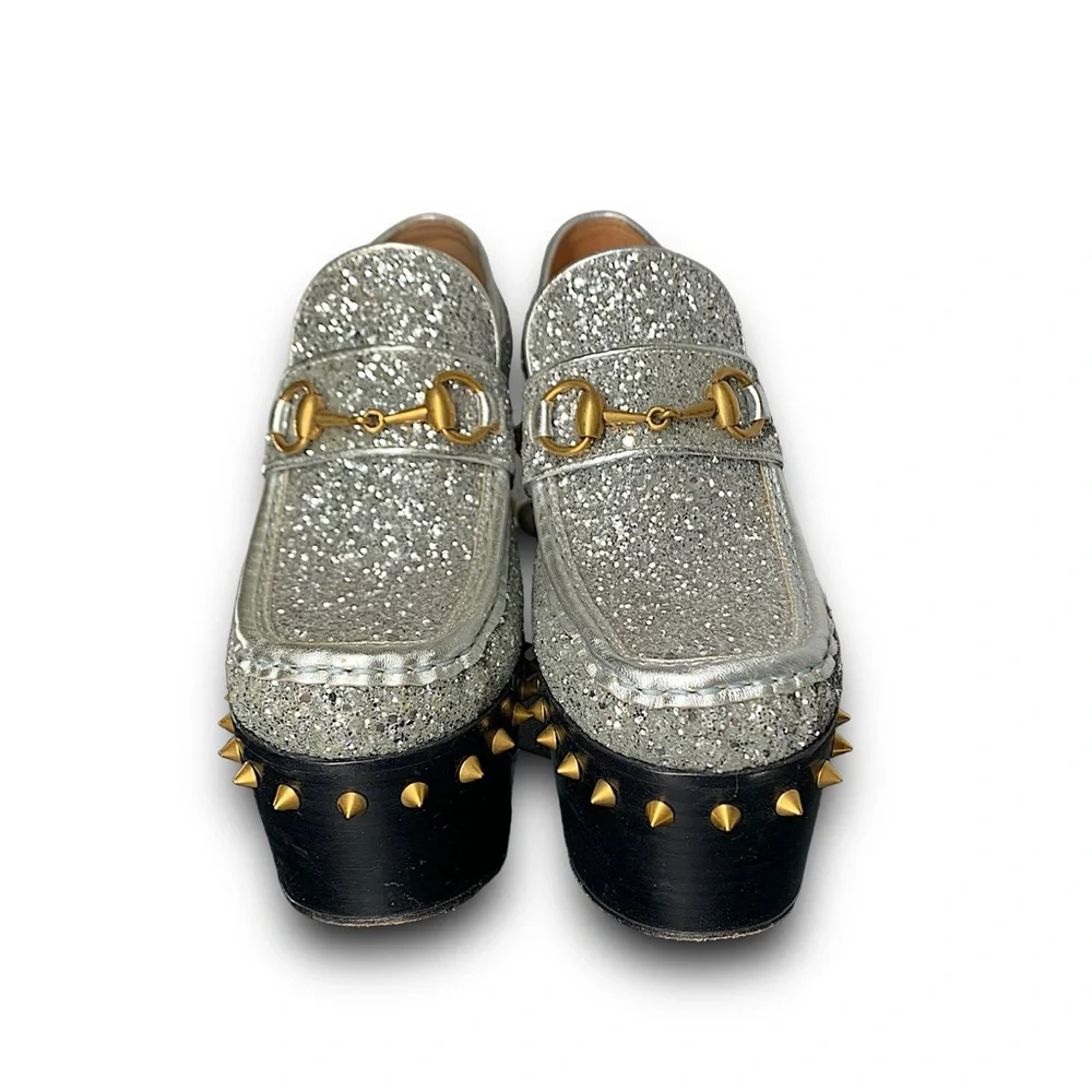 Gucci Vegas Silver Glitter Platform Loafers with Gold Stud & Spike Accents Rare